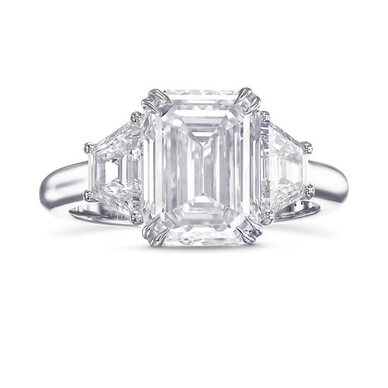 Emerald and Trapezoid 3-stone White Diamond Ring