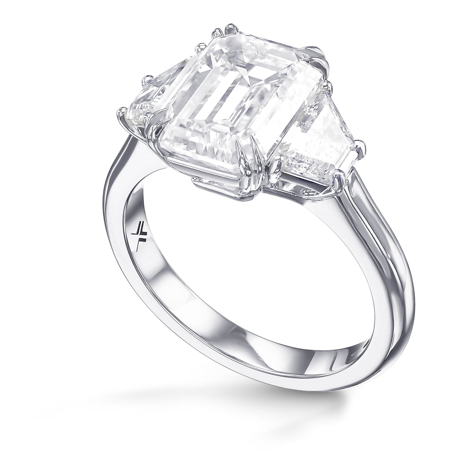 Emerald and Trapezoid 3-stone White Diamond Ring