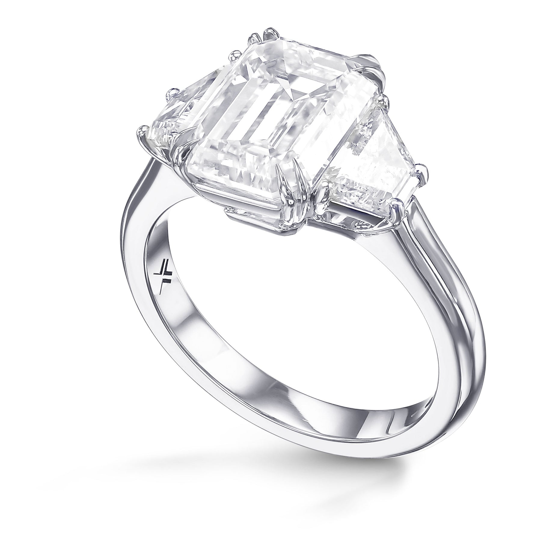 Emerald and Trapezoid 3-stone White Diamond Ring