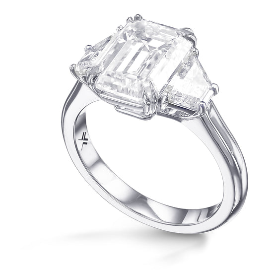 Emerald and Trapezoid 3-stone White Diamond Ring