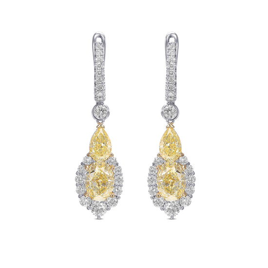 Extraordinary Fancy Light Yellow Diamond Halo Drop Earrings