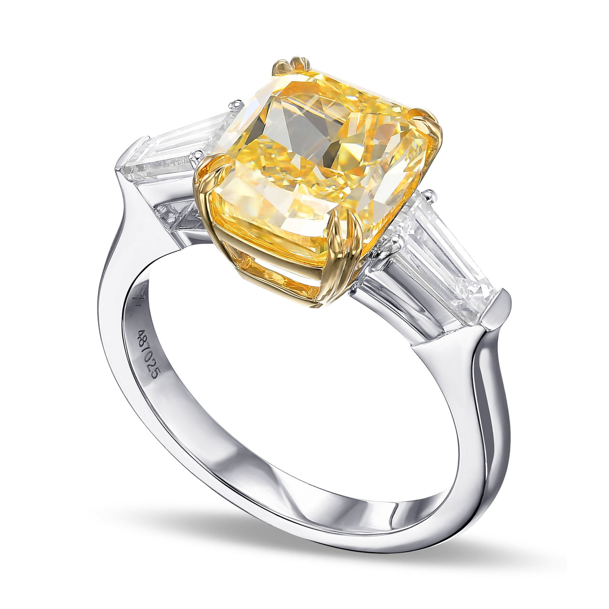 Fancy Intense Yellow Cushion & Taper 3-stone Diamond Ring