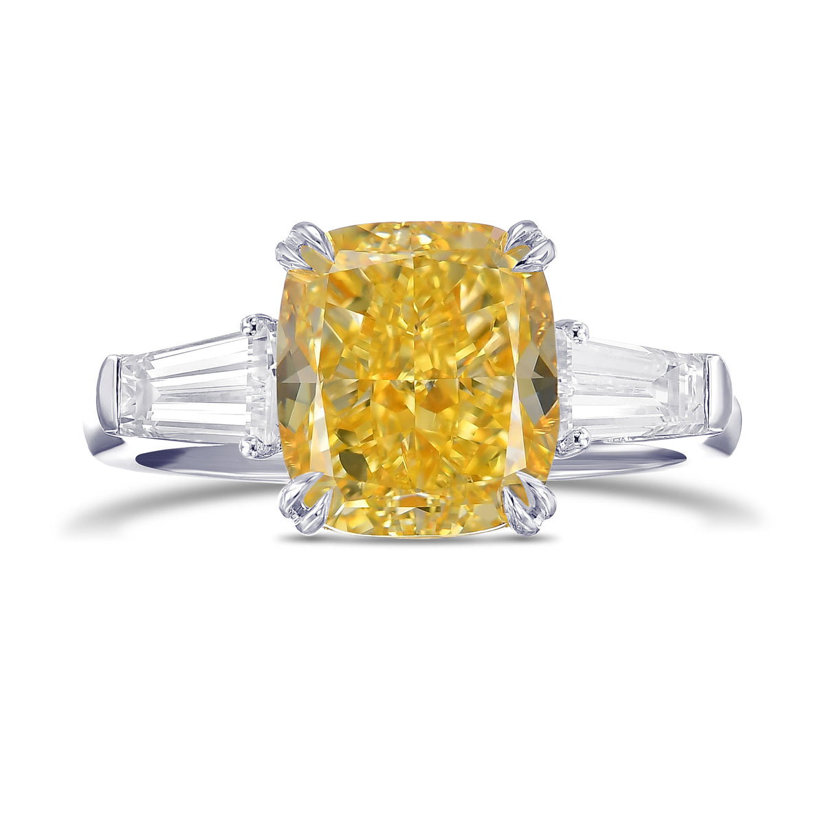 Fancy Intense Yellow Cushion & Taper 3-stone Diamond Ring