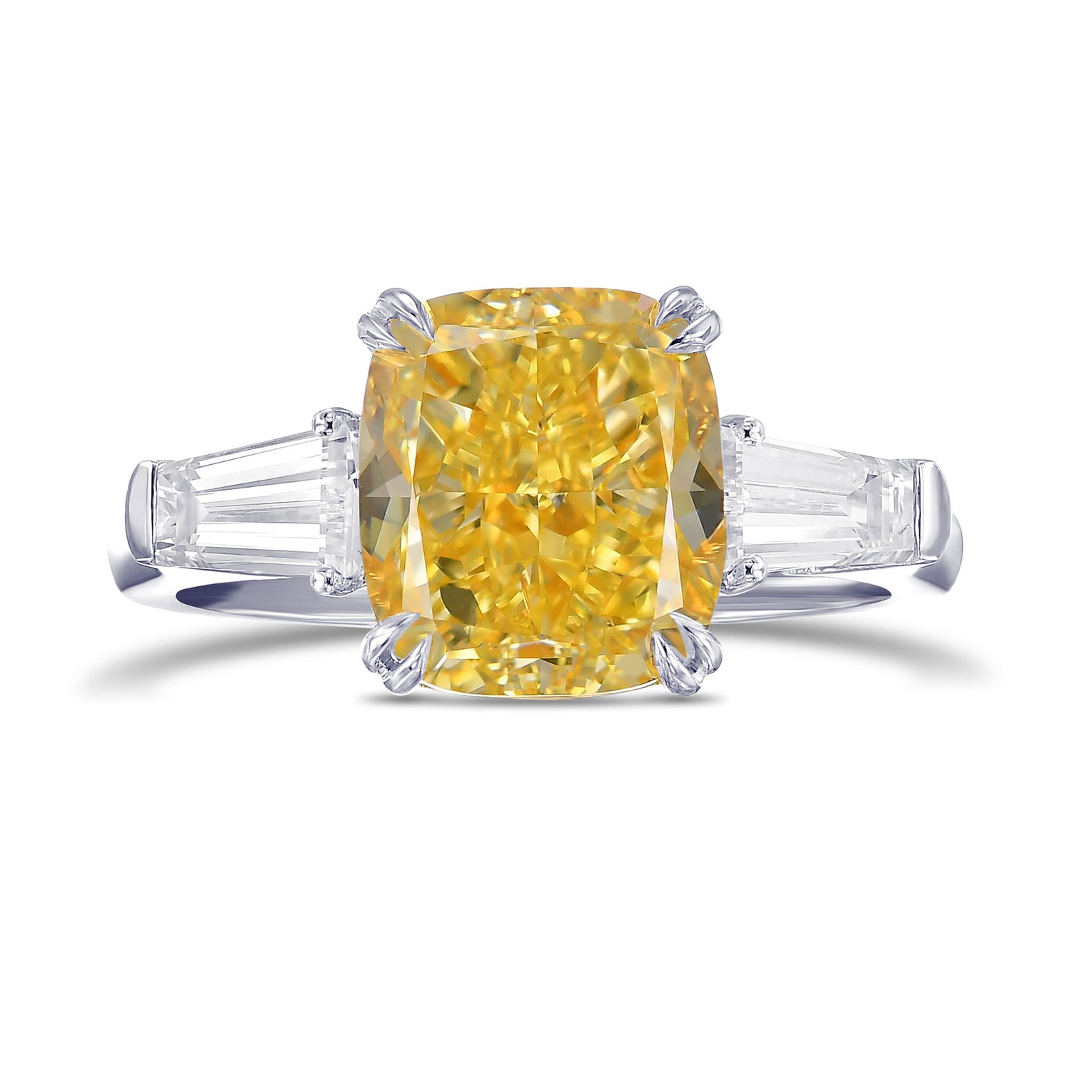 Fancy Intense Yellow Cushion & Taper 3-stone Diamond Ring