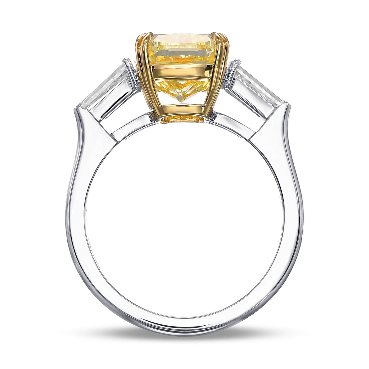 Fancy Intense Yellow Cushion & Taper 3-stone Diamond Ring
