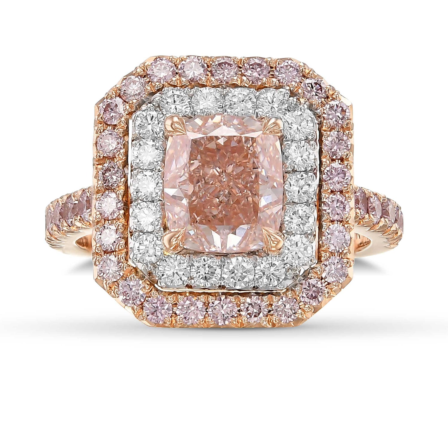  Fancy Orangy Pink Cushion Double Halo Diamond Ring