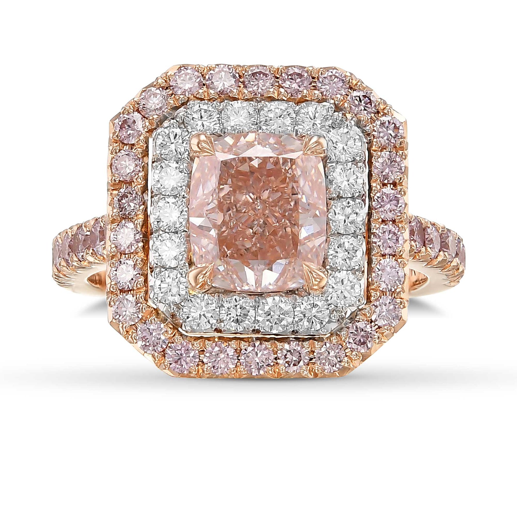  Fancy Orangy Pink Cushion Double Halo Diamond Ring