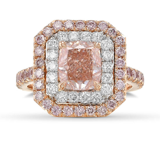  Fancy Orangy Pink Cushion Double Halo Diamond Ring