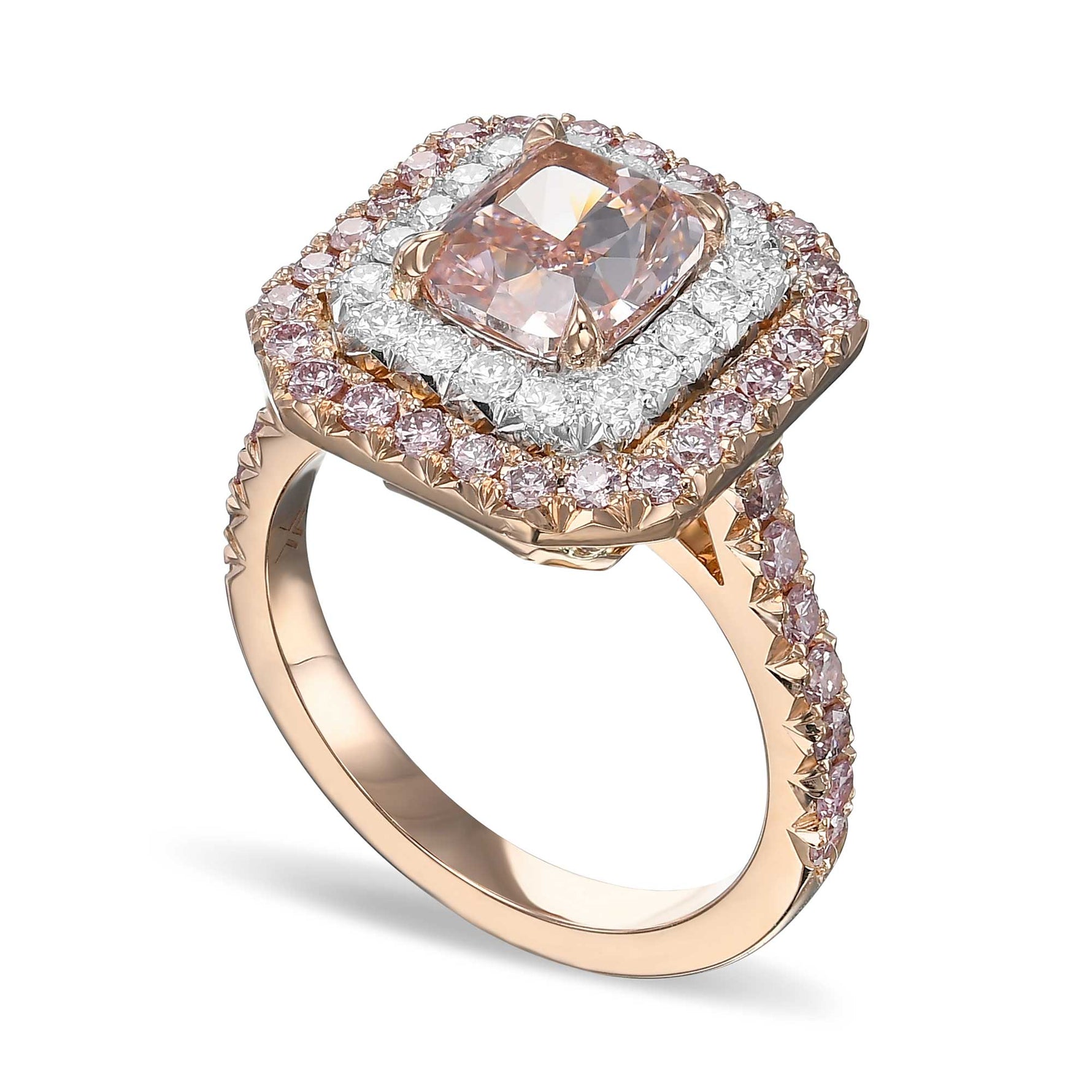  Fancy Orangy Pink Cushion Double Halo Diamond Ring