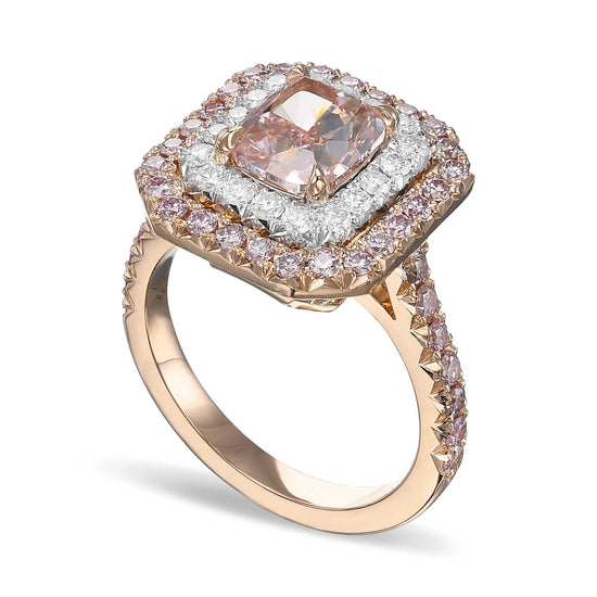  Fancy Orangy Pink Cushion Double Halo Diamond Ring