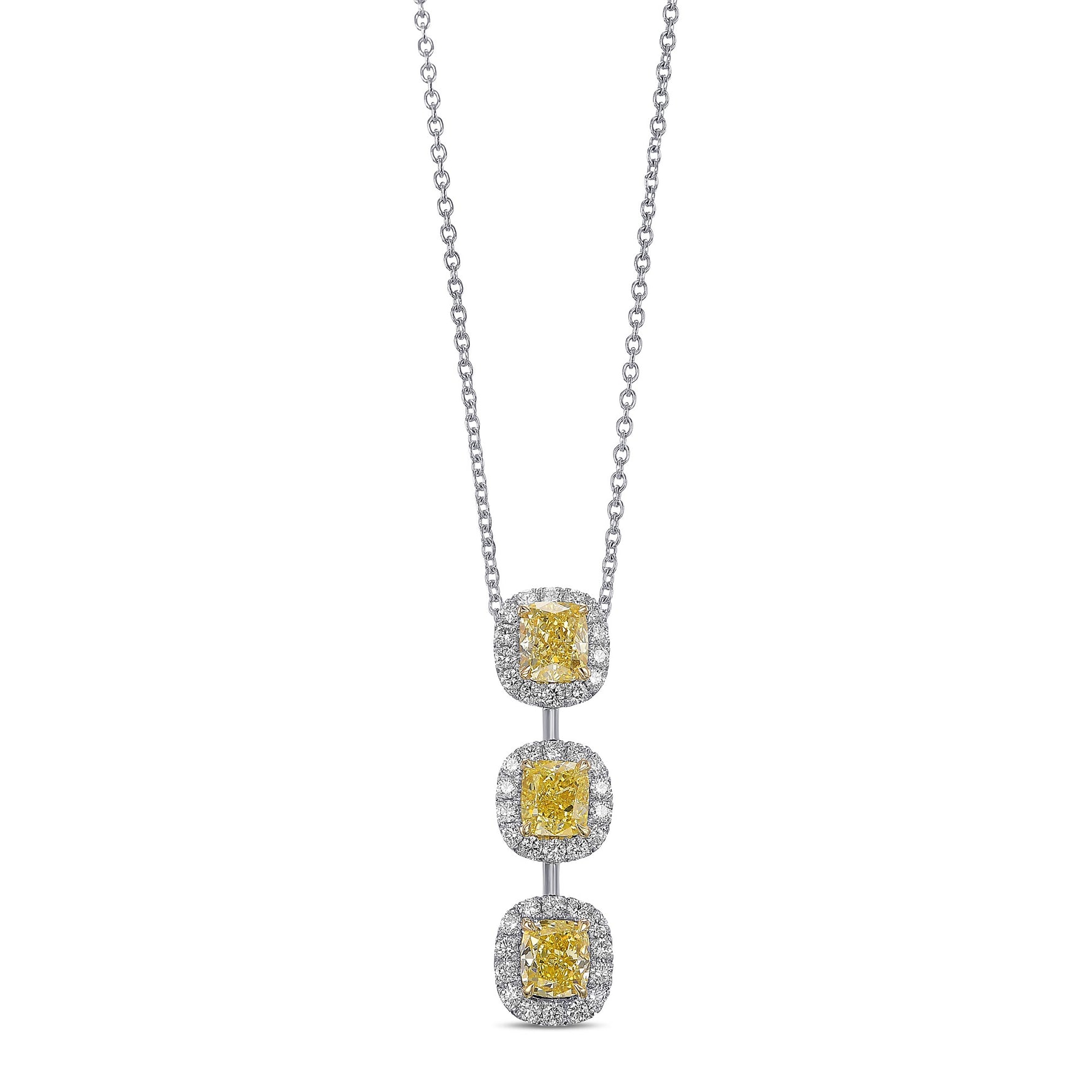 Fancy Intense Yellow Cushion 3-stone Halo Pendant