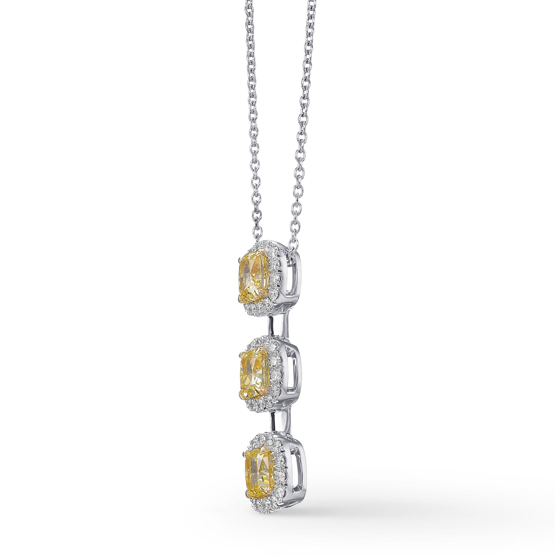 Fancy Intense Yellow Cushion 3-stone Halo Pendant