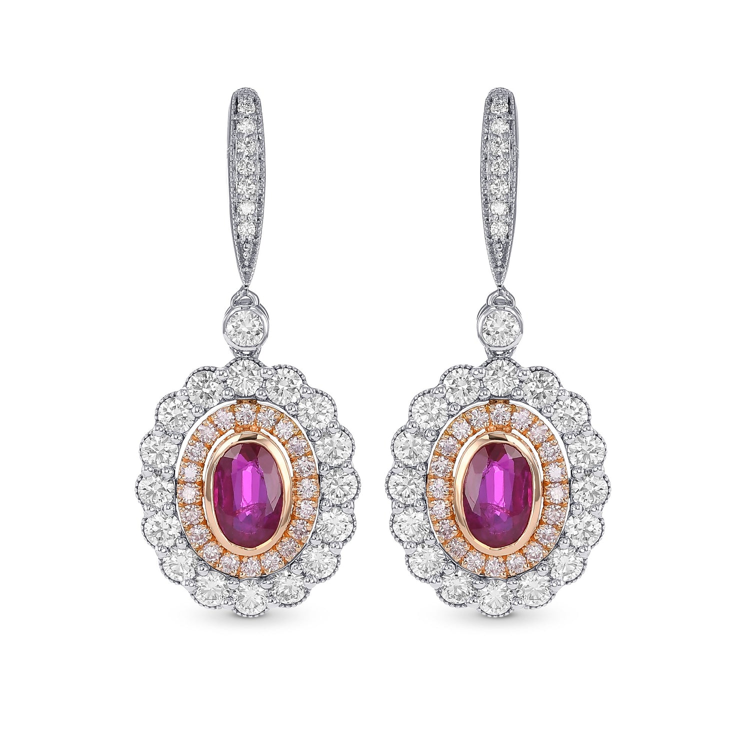 Oval Ruby & Pink Diamond Drop Halo Earrings