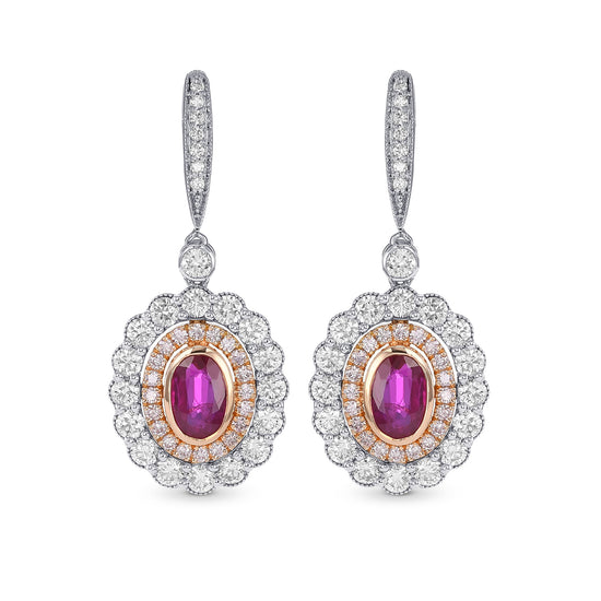 Oval Ruby & Pink Diamond Drop Halo Earrings