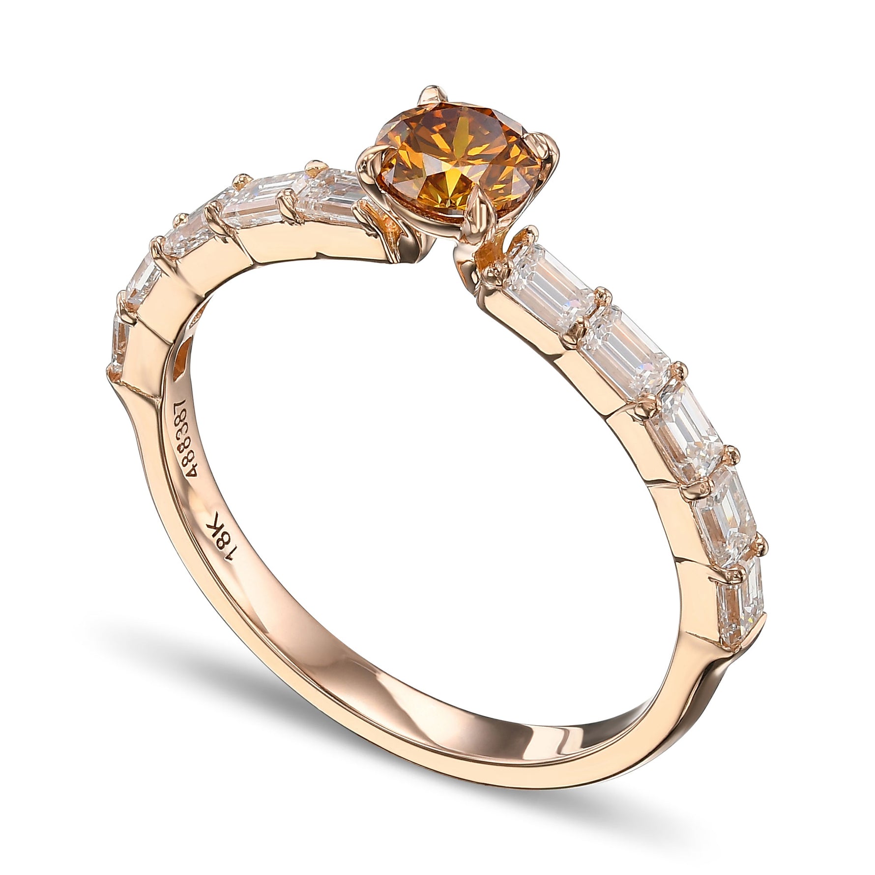 Round Fancy Deep Yellow Orange Diamond Side Stone Ring