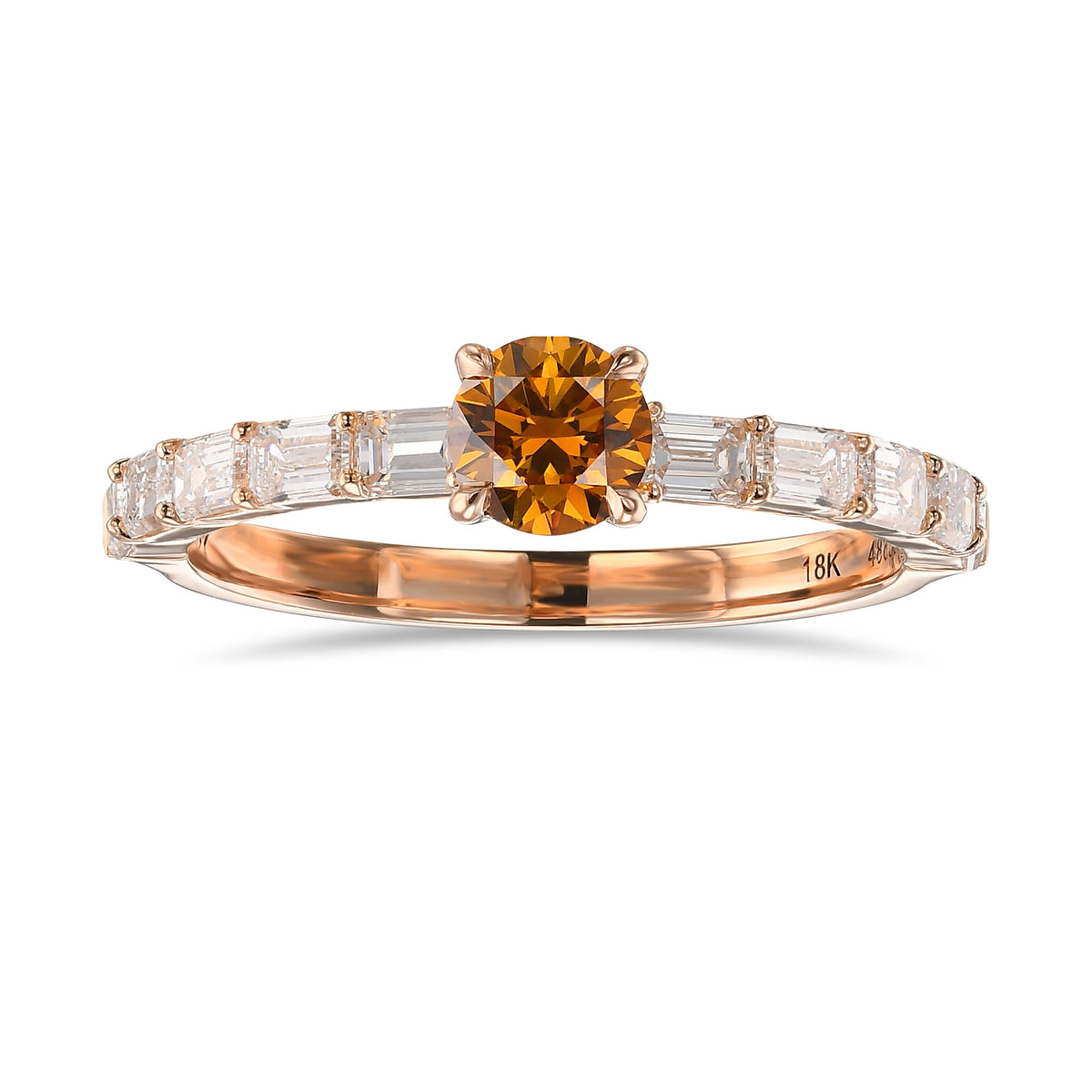 Round Fancy Deep Yellow Orange Diamond Side Stone Ring