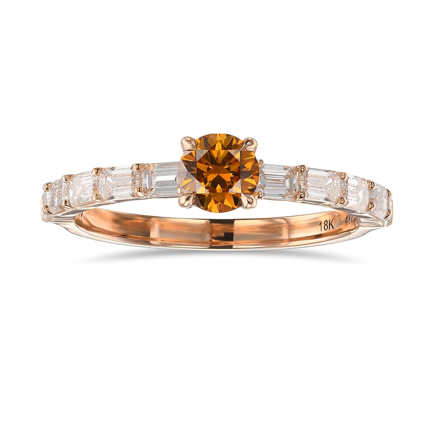 Round Fancy Deep Yellow Orange Diamond Side Stone Ring