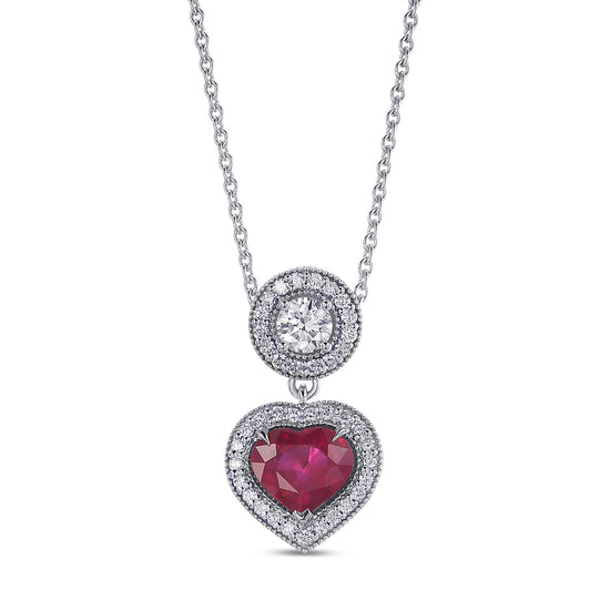 Heart Ruby & Diamond Halo Pendant