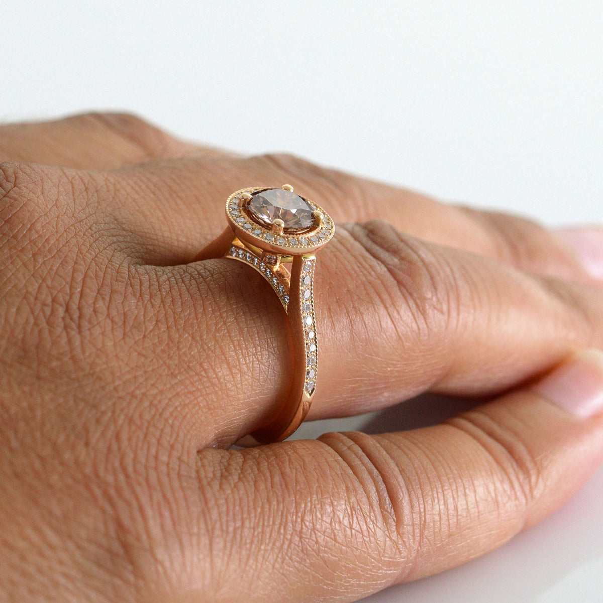 Fancy Brown Round Diamond Halo 18k Engagement Ring