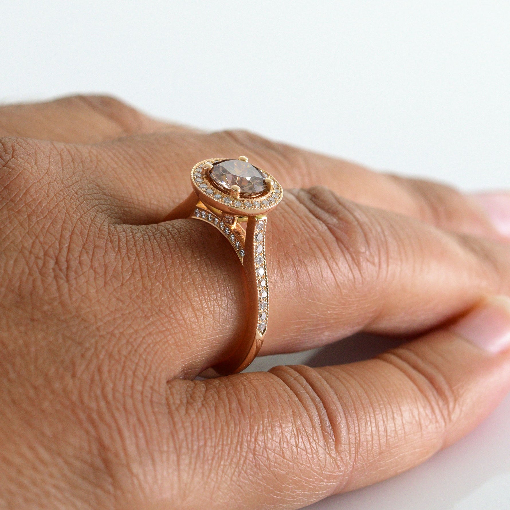 Fancy Brown Round Diamond Halo 18k Engagement Ring