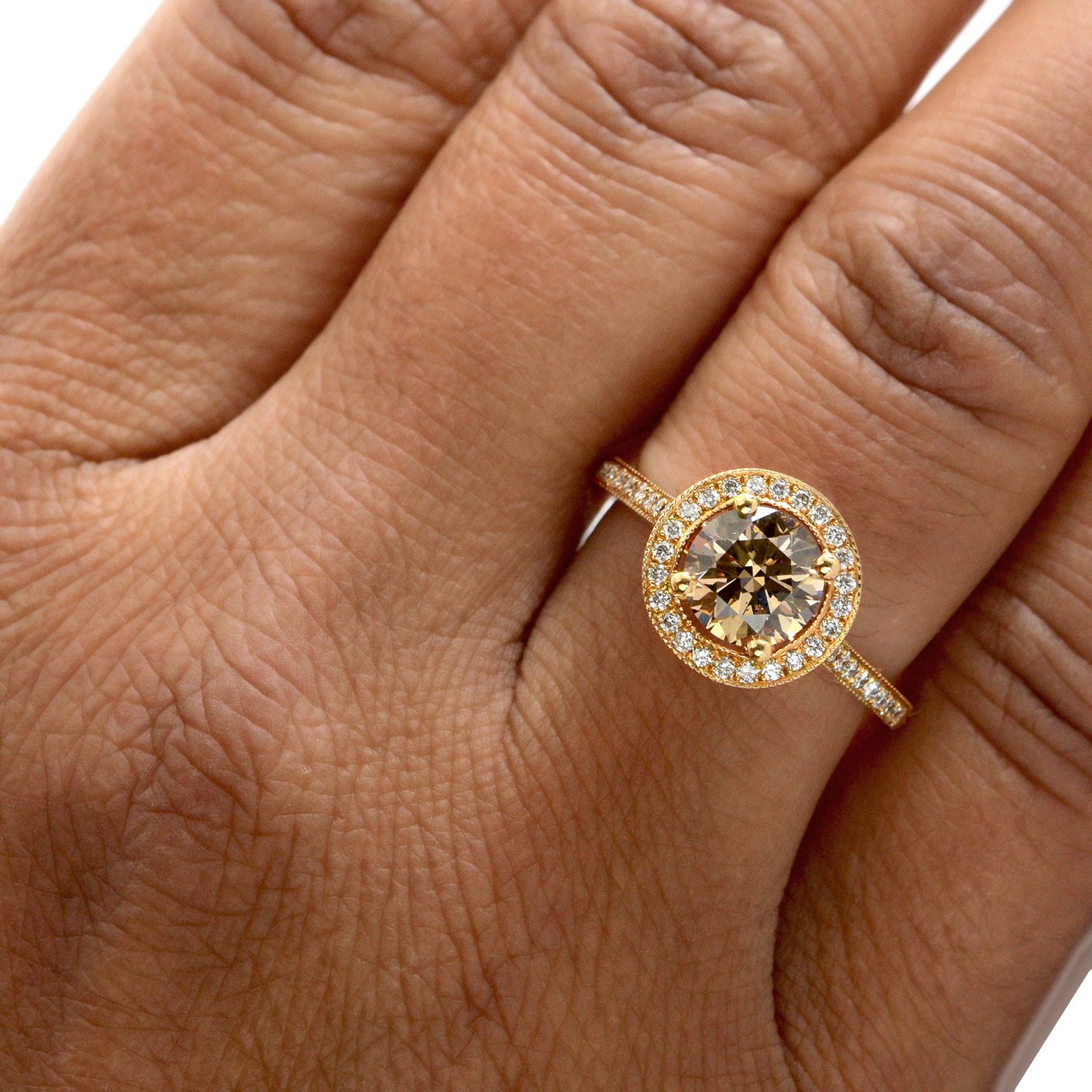 Fancy Brown Round Diamond Halo 18k Engagement Ring