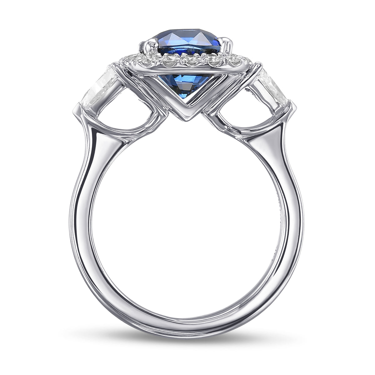 Royal Blue Cushion Sapphire & Triangle Halo Ring