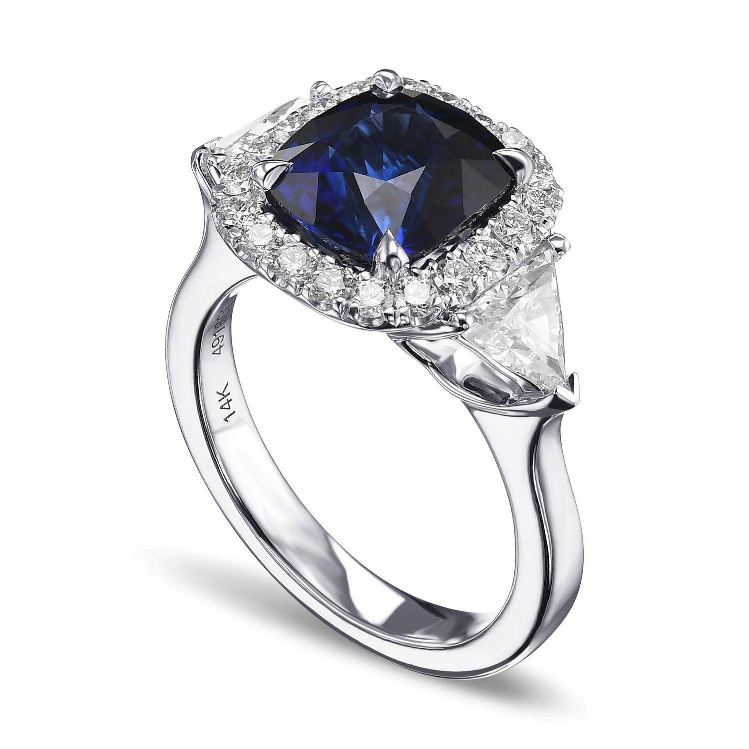 Royal Blue Cushion Sapphire & Triangle Halo Ring
