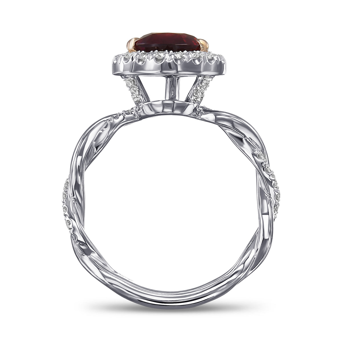 Pear Ruby Regal Halo Engagement and Wedding Ring Set