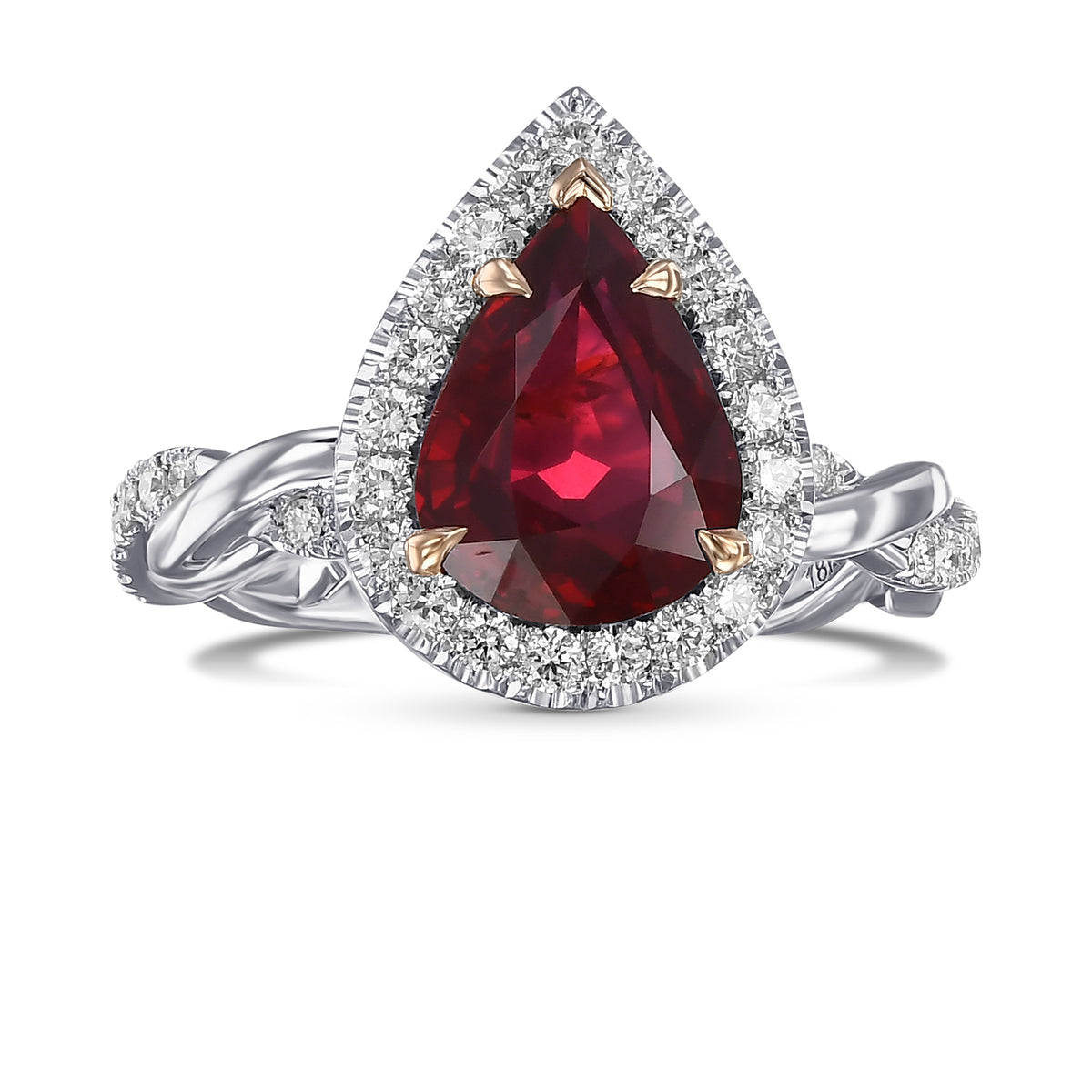 Pear Ruby Regal Halo Engagement and Wedding Ring Set