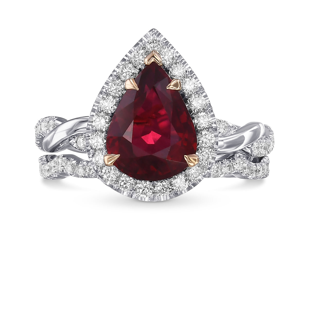 Pear Ruby Regal Halo Engagement and Wedding Ring Set