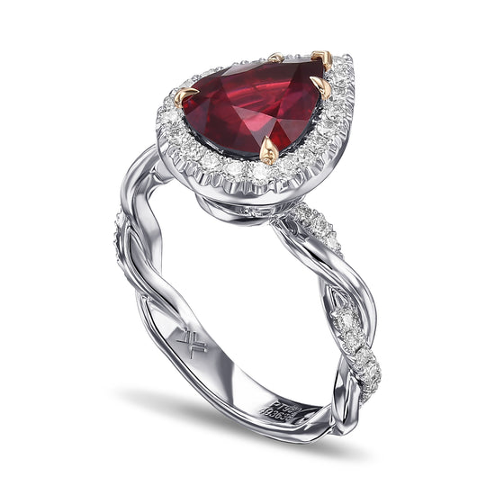 Pear Ruby Regal Halo Engagement and Wedding Ring Set