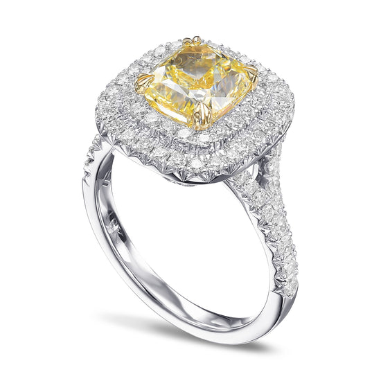 Fancy Yellow Cushion Double Halo Diamond Ring