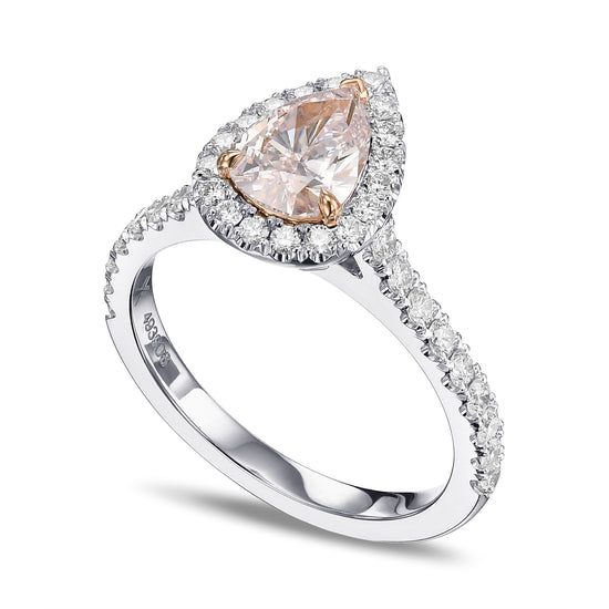 Very Light Pink Pear Diamond Halo Engagement & Wedding Ring Set