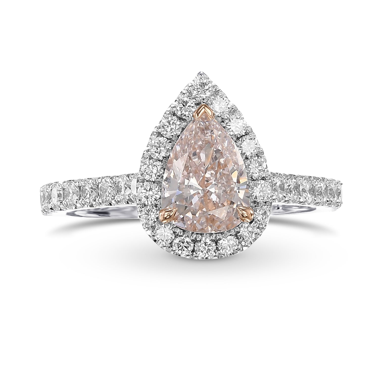 Very Light Pink Pear Diamond Halo Engagement & Wedding Ring Set