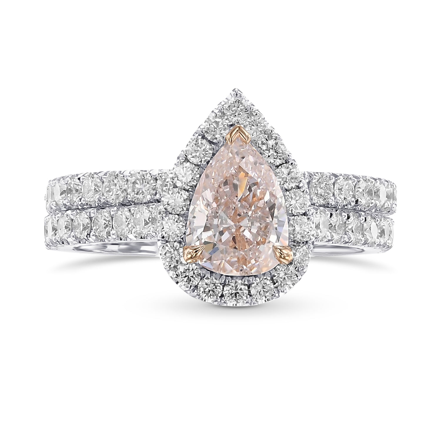 Very Light Pink Pear Diamond Halo Engagement & Wedding Ring Set