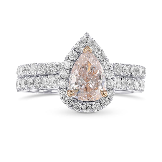 Very Light Pink Pear Diamond Halo Engagement & Wedding Ring Set