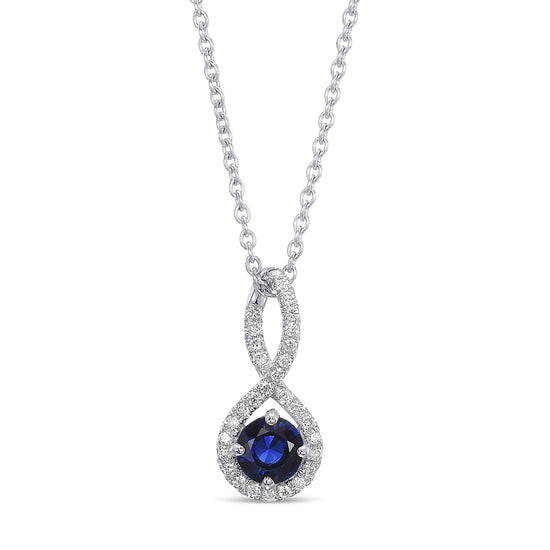 Round Sapphire & Diamond Drop Halo Pendant
