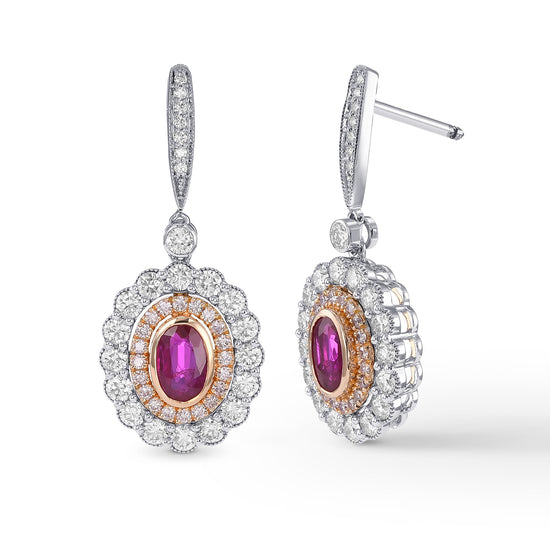 Oval Ruby & Pink Diamond Drop Halo Earrings