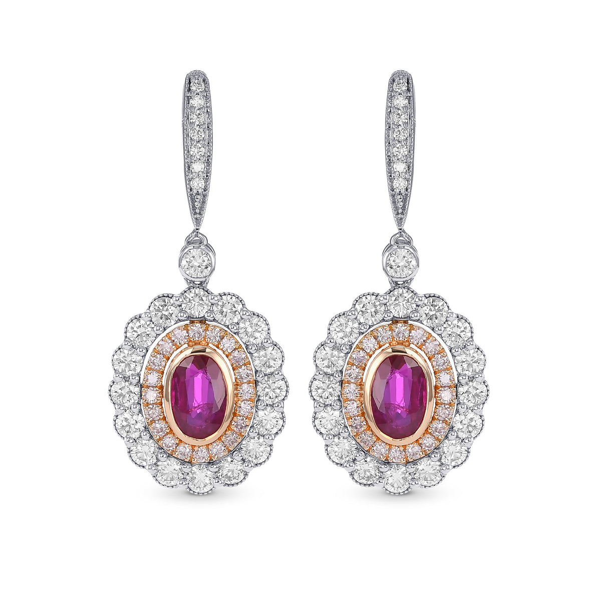 Oval Ruby & Pink Diamond Drop Halo Earrings