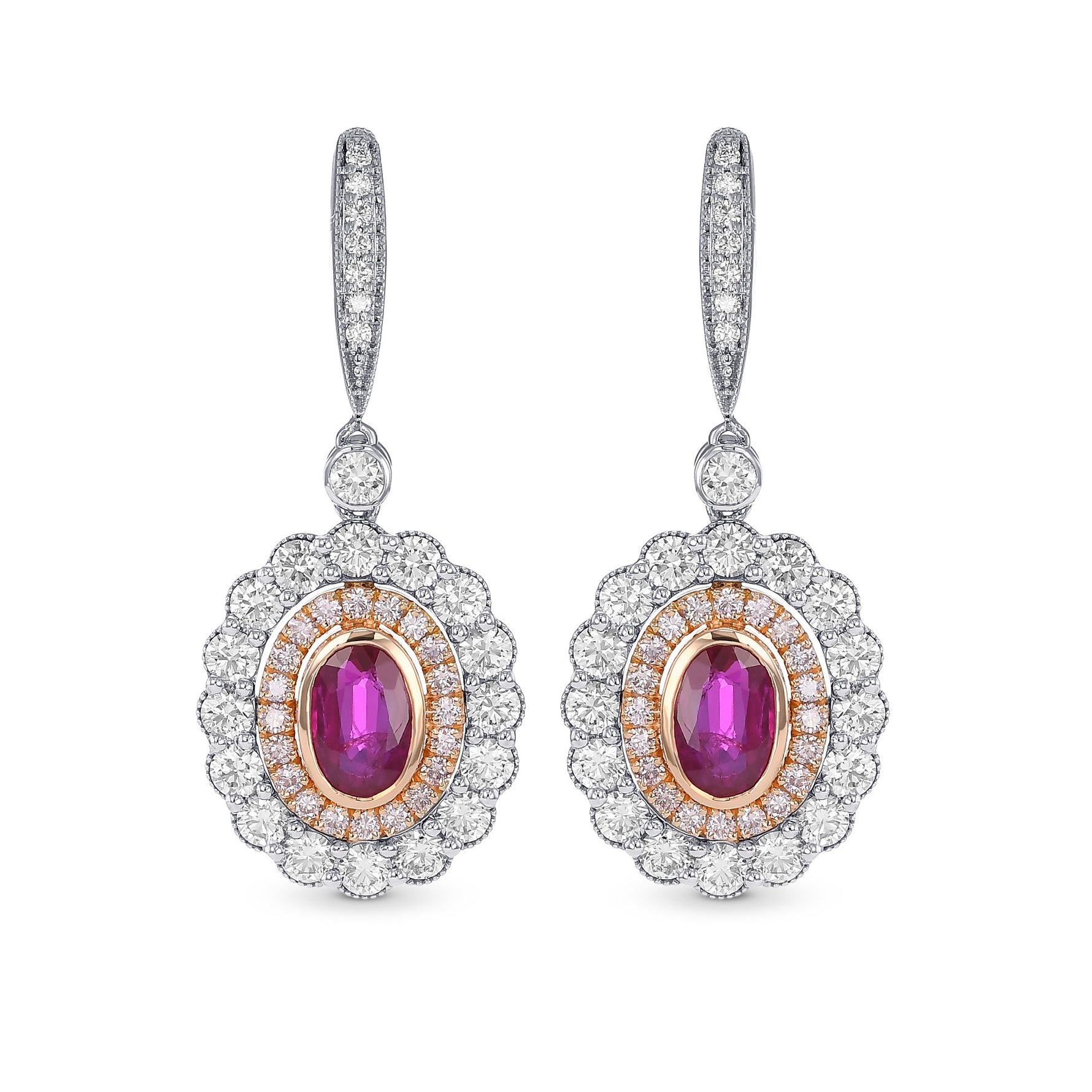 Oval Ruby & Pink Diamond Drop Halo Earrings