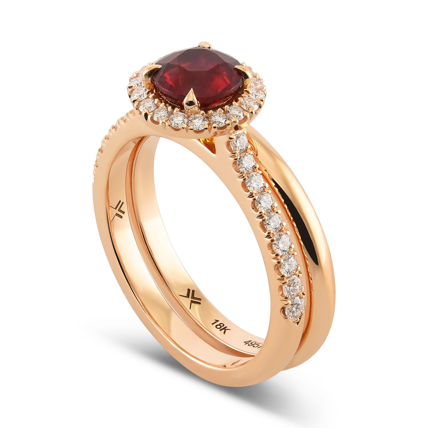 Round Ruby Halo Engagement & Wedding Ring Set