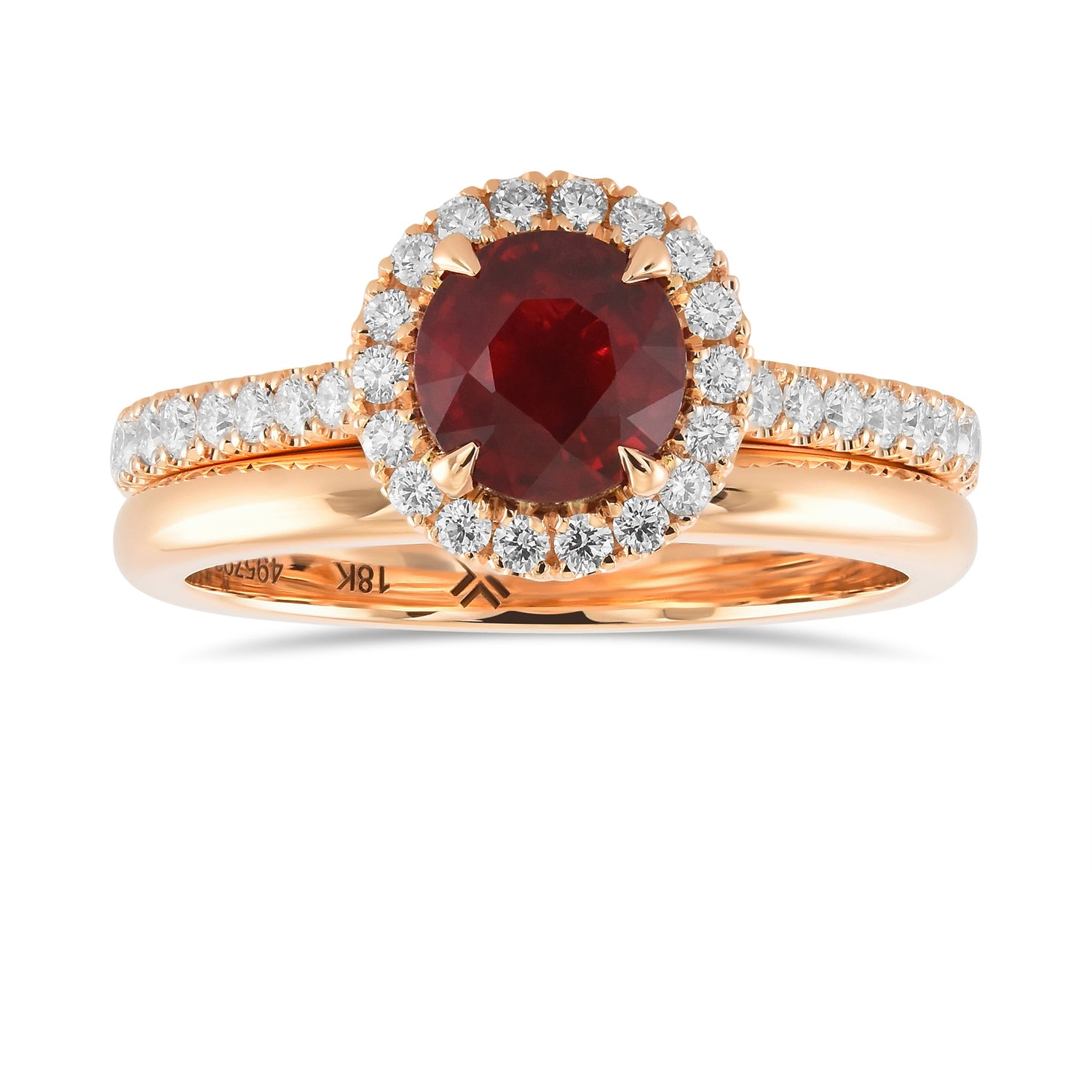 Round Ruby Halo Engagement & Wedding Ring Set
