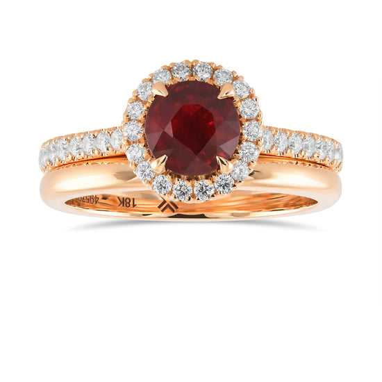Round Ruby Halo Engagement & Wedding Ring Set
