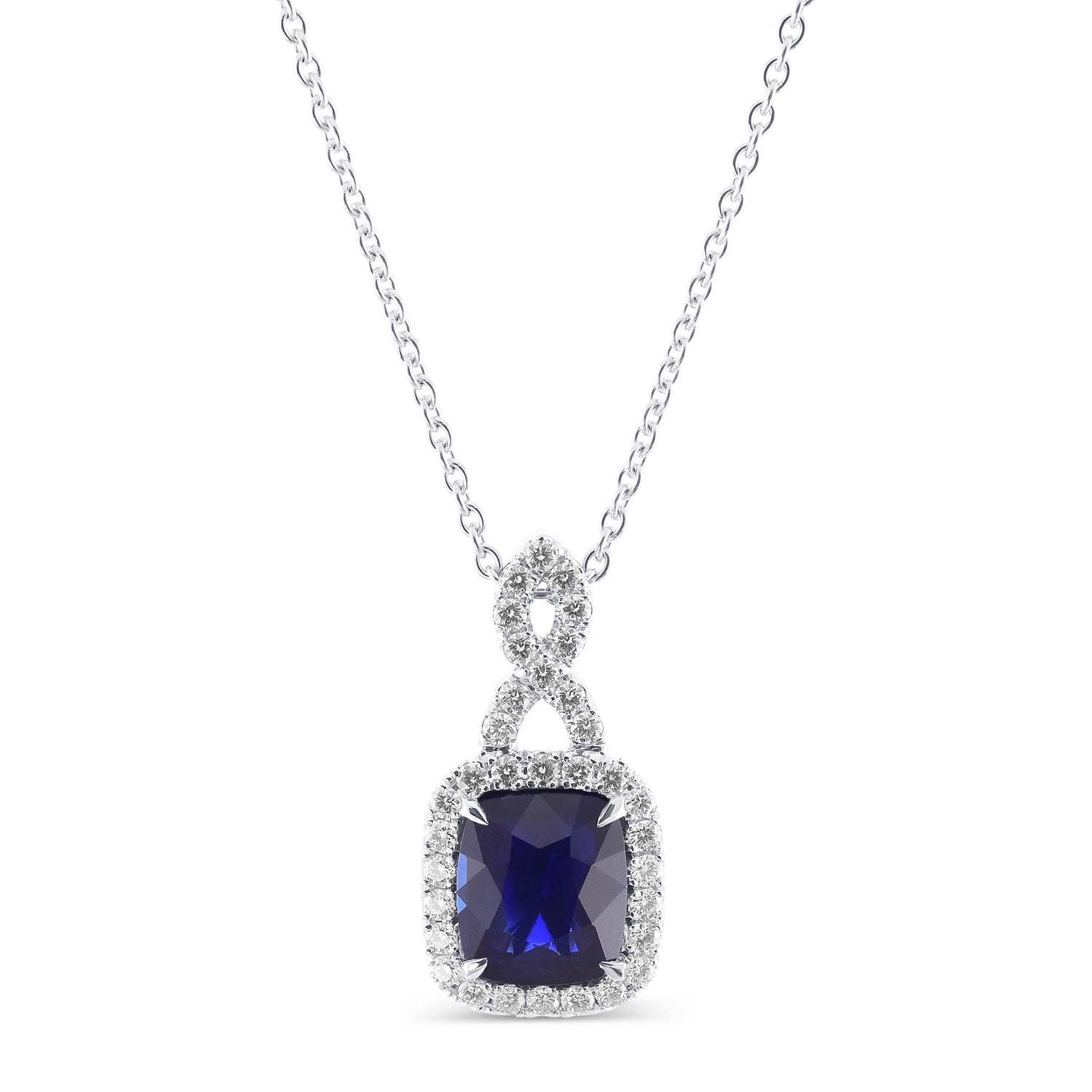 Cushion Sapphire and Diamond Halo Pendant