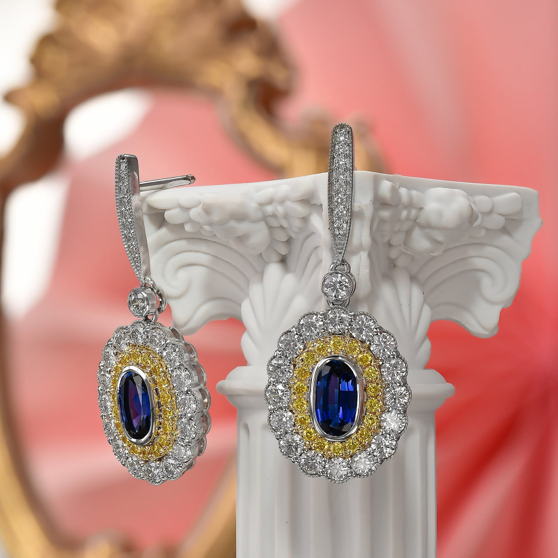 Oval Sapphire Double Halo Drop Earrings