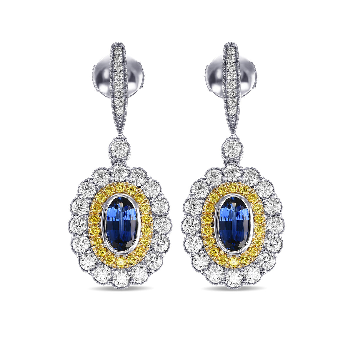 Oval Sapphire Double Halo Drop Earrings