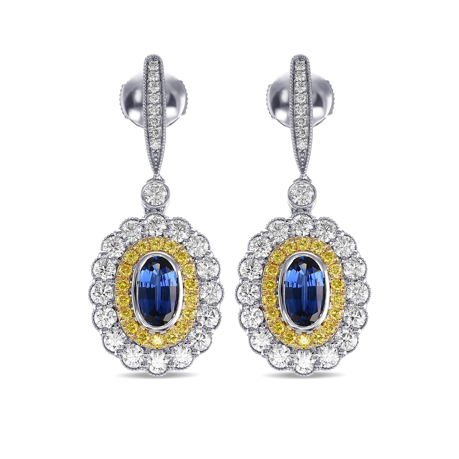 Oval Sapphire Double Halo Drop Earrings