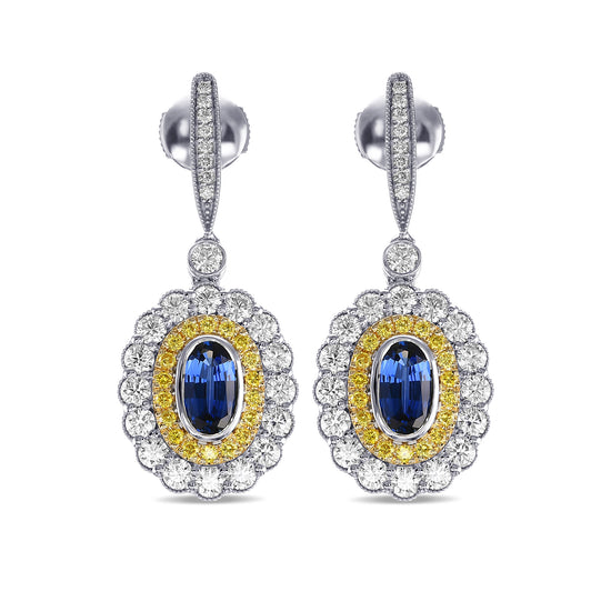 Oval Sapphire Double Halo Drop Earrings
