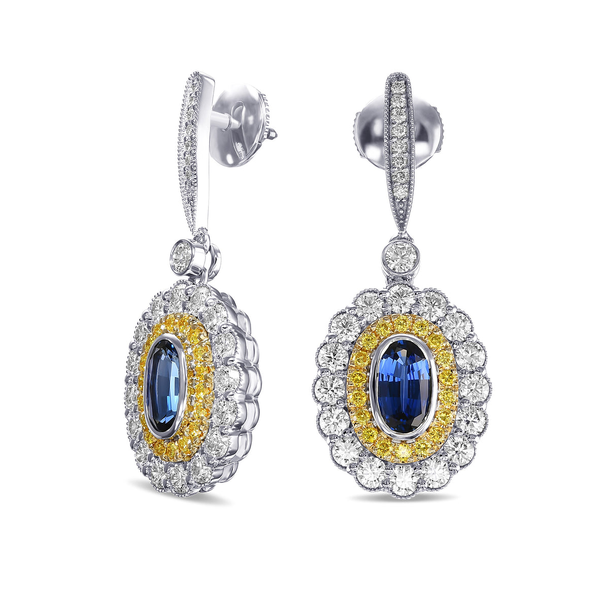 Oval Sapphire Double Halo Drop Earrings