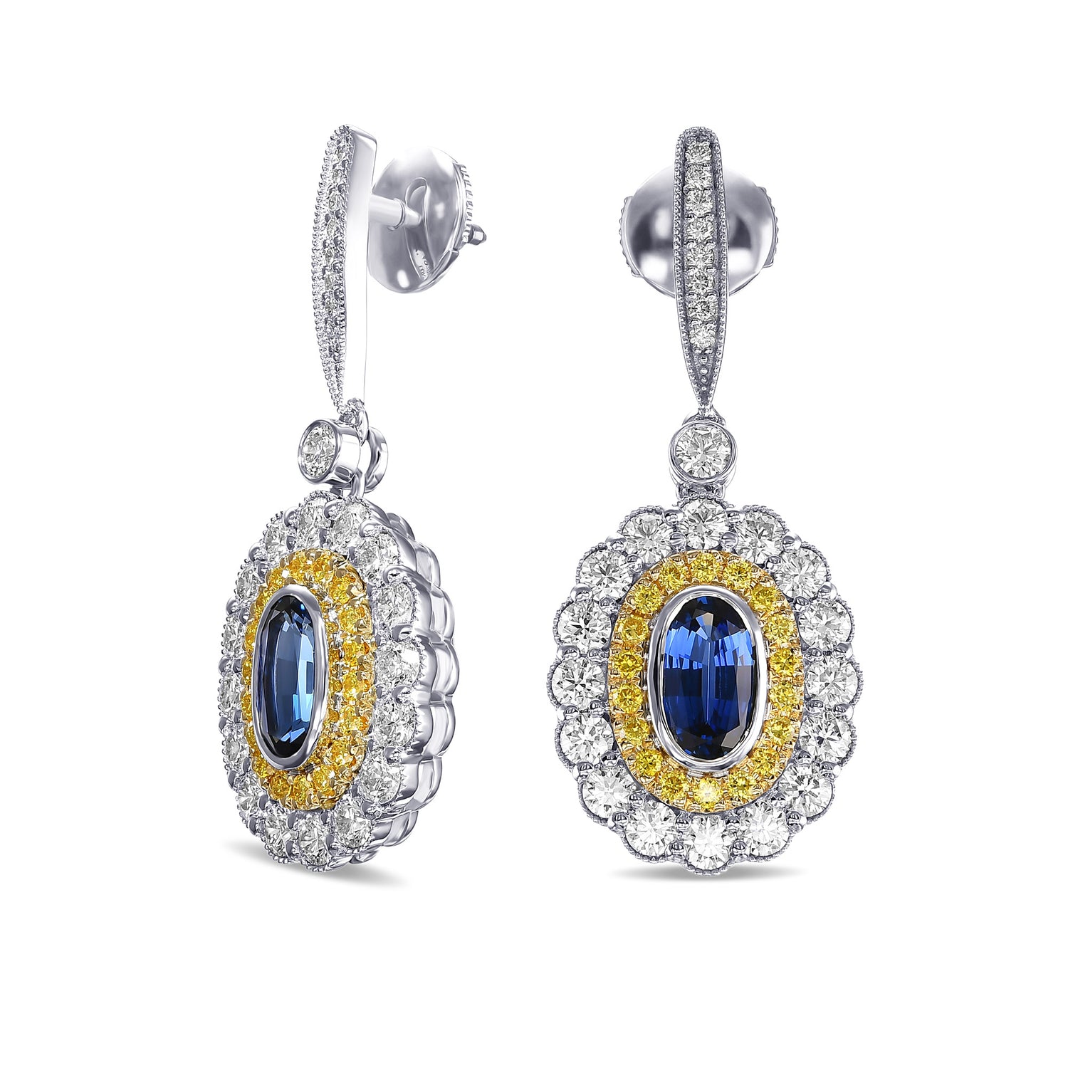 Oval Sapphire Double Halo Drop Earrings
